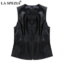 Load image into Gallery viewer, LA SPEZIA Genuine Leather Vest Women Black Zipper Waistcoat Female OL Pockets Slim Fit Gilet Autumn Classic Sleeveless Jackets