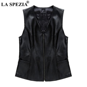 LA SPEZIA Genuine Leather Vest Women Black Zipper Waistcoat Female OL Pockets Slim Fit Gilet Autumn Classic Sleeveless Jackets