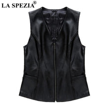 Load image into Gallery viewer, LA SPEZIA Genuine Leather Vest Women Black Zipper Waistcoat Female OL Pockets Slim Fit Gilet Autumn Classic Sleeveless Jackets