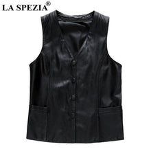 Load image into Gallery viewer, LA SPEZIA Genuine Leather Vest Women Black Zipper Waistcoat Female OL Pockets Slim Fit Gilet Autumn Classic Sleeveless Jackets