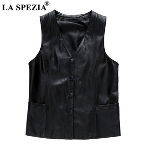 LA SPEZIA Genuine Leather Vest Women Black Zipper Waistcoat Female OL Pockets Slim Fit Gilet Autumn Classic Sleeveless Jackets