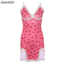 Load image into Gallery viewer, Weirdgirl women lace dot cherry print dress slip slit pink sleeveless v-neck summer new 2019 femme streetwear mini dress