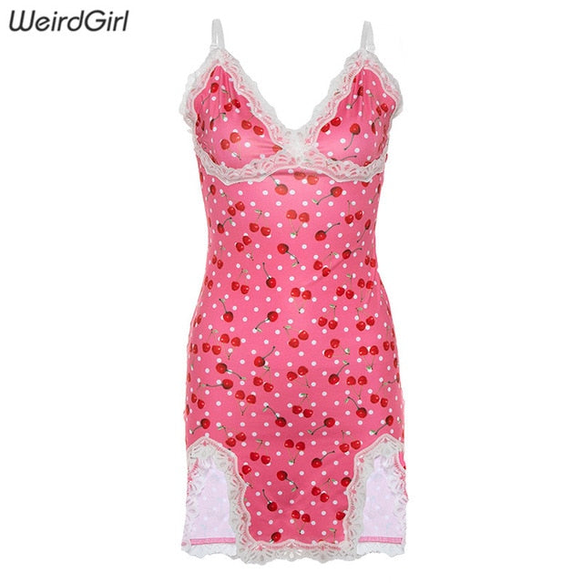 Weirdgirl women lace dot cherry print dress slip slit pink sleeveless v-neck summer new 2019 femme streetwear mini dress