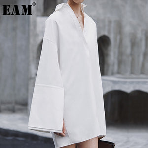 [EAM] 2019 New Autumn Winter Turn-down Collar Long Sleeve Spliced Loose big size Temperament Dress Women Blouse Fashion JX816