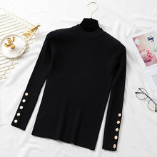 Load image into Gallery viewer, Autumn Women Long Sleeve Pure Slim Sweater Winter Knitted Turtleneck Casual Cashmere Pullover Metal Buttons Split Cuff Basic Top