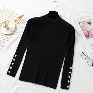 Autumn Women Long Sleeve Pure Slim Sweater Winter Knitted Turtleneck Casual Cashmere Pullover Metal Buttons Split Cuff Basic Top