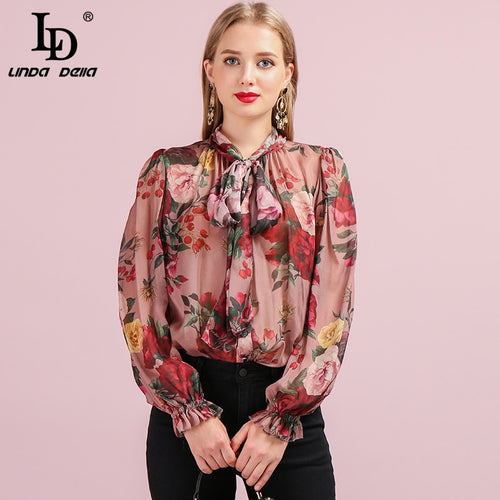 LD LINDA DELLA Runway Fashion Autumn Silk Shirt Women's Butterfly Sleeve Floral Printed Bowknot Elegant Vintage Loose Blouse