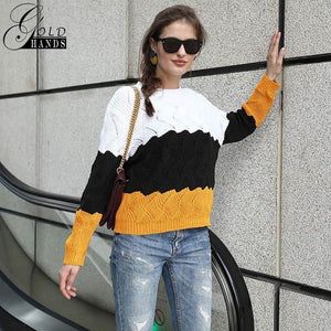 Gold Hands New Women Vintage Splice Autumn Ladies Pullover Jumper Winter Long Sleeve Crewneck Knitted Pullover Sweater Free Ship