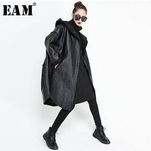 [EAM] Loose Fit Hooded Black Pu Leather Thick Oversize Jacket New Long Sleeve Women Coat Fashion Tide Autumn Winter 2019 JG637