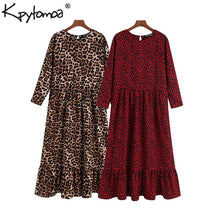 Load image into Gallery viewer, Vintage Stylish Leopard Print Ruffled Midi Dress Women 2019 Fashion O Neck Three Quarter Sleeve Elegant Dresses Vestidos Mujer