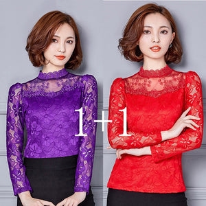 Femininas Blusas 2019 Women Blouses Spring Autumn Fashion Sexy Slim Shirt Tops Lace Long Sleeve O-Neck Leisure Black/White S-5XL