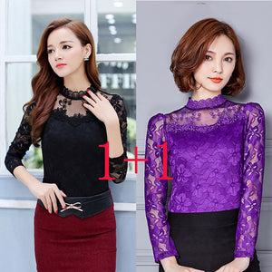 Femininas Blusas 2019 Women Blouses Spring Autumn Fashion Sexy Slim Shirt Tops Lace Long Sleeve O-Neck Leisure Black/White S-5XL