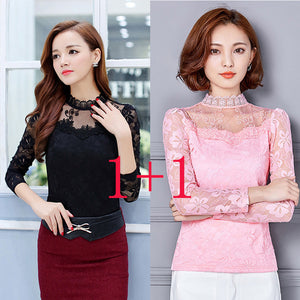 Femininas Blusas 2019 Women Blouses Spring Autumn Fashion Sexy Slim Shirt Tops Lace Long Sleeve O-Neck Leisure Black/White S-5XL