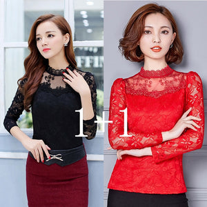 Femininas Blusas 2019 Women Blouses Spring Autumn Fashion Sexy Slim Shirt Tops Lace Long Sleeve O-Neck Leisure Black/White S-5XL