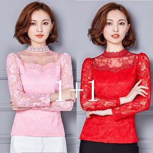 Femininas Blusas 2019 Women Blouses Spring Autumn Fashion Sexy Slim Shirt Tops Lace Long Sleeve O-Neck Leisure Black/White S-5XL