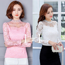 Load image into Gallery viewer, Femininas Blusas 2019 Women Blouses Spring Autumn Fashion Sexy Slim Shirt Tops Lace Long Sleeve O-Neck Leisure Black/White S-5XL