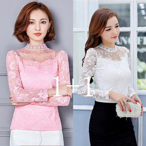 Femininas Blusas 2019 Women Blouses Spring Autumn Fashion Sexy Slim Shirt Tops Lace Long Sleeve O-Neck Leisure Black/White S-5XL