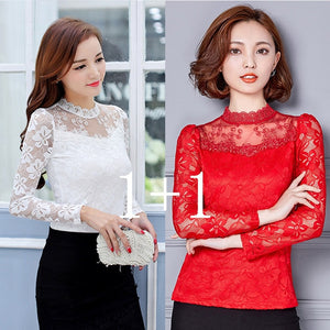 Femininas Blusas 2019 Women Blouses Spring Autumn Fashion Sexy Slim Shirt Tops Lace Long Sleeve O-Neck Leisure Black/White S-5XL