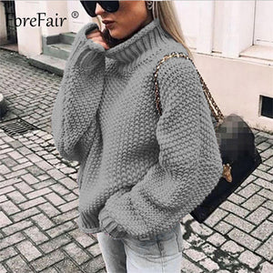 Forefair Oversize Turtleneck Knitted Sweater Winter Knitwear Plus Size Slim Solid Green Orange White Warm Casual Sweater Women