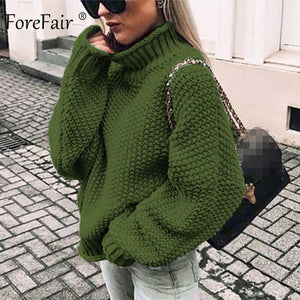 Forefair Oversize Turtleneck Knitted Sweater Winter Knitwear Plus Size Slim Solid Green Orange White Warm Casual Sweater Women