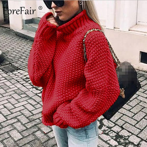 Forefair Oversize Turtleneck Knitted Sweater Winter Knitwear Plus Size Slim Solid Green Orange White Warm Casual Sweater Women