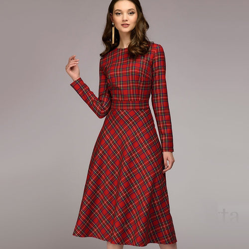 Women Vintage Plaid Printed A-line Sashes Party Dress Long Sleeve O neck Elegant Office Lady Dress 2019 Winter New Fashion Dress