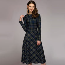 Load image into Gallery viewer, Women Vintage Plaid Printed A-line Sashes Party Dress Long Sleeve O neck Elegant Office Lady Dress 2019 Winter New Fashion Dress