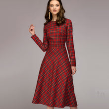 Load image into Gallery viewer, Women Vintage Plaid Printed A-line Sashes Party Dress Long Sleeve O neck Elegant Office Lady Dress 2019 Winter New Fashion Dress