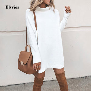 Elsvios Autumn Elegant O-Neck Pullover Dress Women Casual Solid Mini Dress Winter Long Sleeve Turtleneck Dresses Vestidos Mujer