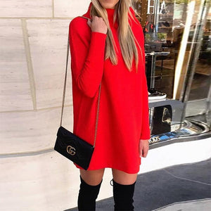 Elsvios Autumn Elegant O-Neck Pullover Dress Women Casual Solid Mini Dress Winter Long Sleeve Turtleneck Dresses Vestidos Mujer