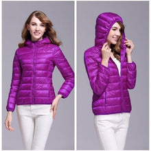 Load image into Gallery viewer, 2019 winter ultra light snow waterproof warm jacket for women sexy slim hooded stand collar women short jacket plus bis 5xl