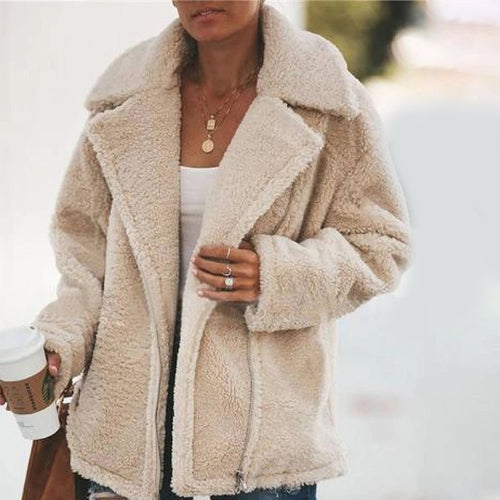 Women Soft Warm Plush Jacket Winter Turn-down Collar Zipper Fleece Lady Coats 2019 Autumn Streetwear Female Outerwear