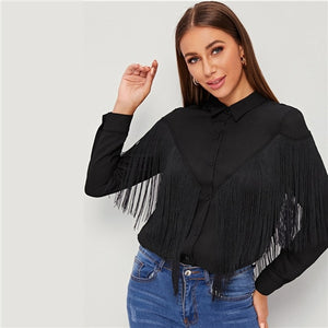 SHEIN Chevron Fringe Trim Women Shirts Ladies Tops 2019 Long Sleeve Placket Spring Summer White Blouse Casual Solid Shirt