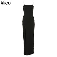 Load image into Gallery viewer, Kliou 2019 sleeveless slit sexy maxi long dress autumn winter women fashion party elegant outfits bodycon black pure clothing