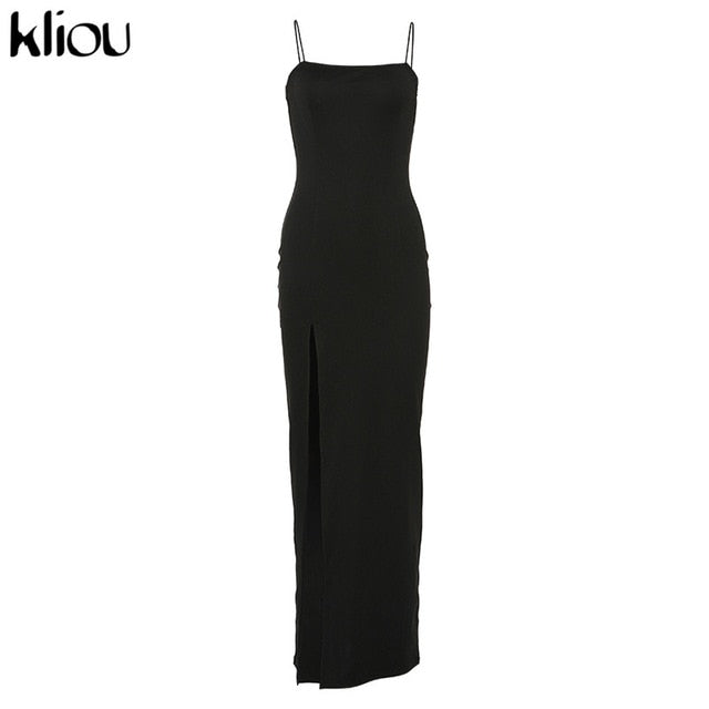 Kliou 2019 sleeveless slit sexy maxi long dress autumn winter women fashion party elegant outfits bodycon black pure clothing