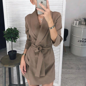 Women Casual Sashes A-line Mini Dress Office Ladies Turn-down Collar Dresses 2019 Autumn Winter New Fashion Elegant Party Dress