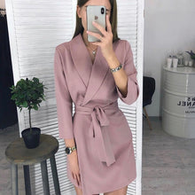 Load image into Gallery viewer, Women Casual Sashes A-line Mini Dress Office Ladies Turn-down Collar Dresses 2019 Autumn Winter New Fashion Elegant Party Dress