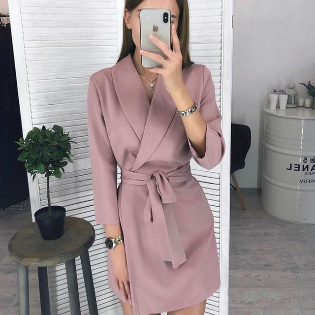 Women Casual Sashes A-line Mini Dress Office Ladies Turn-down Collar Dresses 2019 Autumn Winter New Fashion Elegant Party Dress