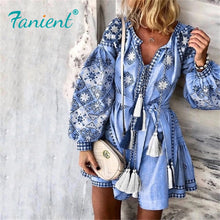 Load image into Gallery viewer, Summer Autumn Sexy Boho Dress Tassel Hollow Mini Dresses Women 2019 New Bohemian Floral Print Beach Dress Vestido Lantern Blue