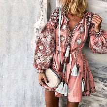 Load image into Gallery viewer, Summer Autumn Sexy Boho Dress Tassel Hollow Mini Dresses Women 2019 New Bohemian Floral Print Beach Dress Vestido Lantern Blue