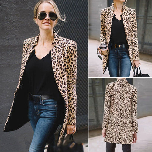 2019 Spring Autumn Fashion Women's Leopard Jacket Sweater Top Warm Casual Suit Long Coat