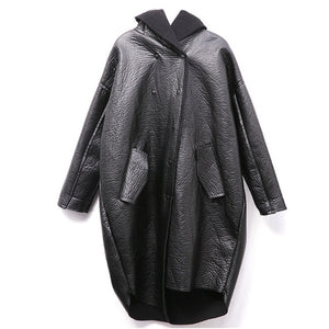 [EAM] Loose Fit Hooded Black Pu Leather Thick Oversize Jacket New Long Sleeve Women Coat Fashion Tide Autumn Winter 2019 JG637