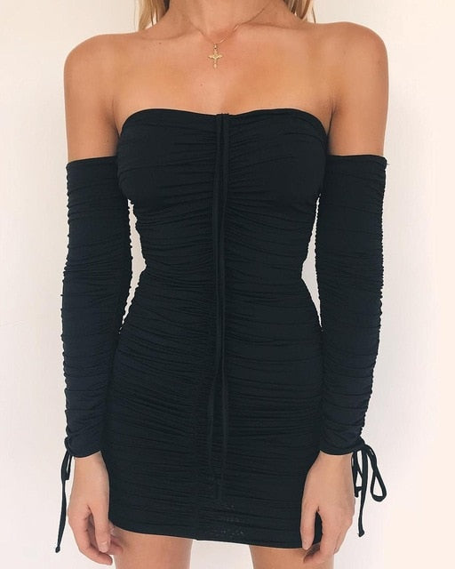 Articat Women Autumn Winter Bandage Dress Women 2019 Sexy Off Shoulder Long Sleeve Slim Elastic Bodycon Party Dresses Vestidos