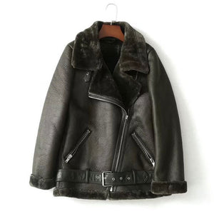 Winter Vogue Warm Fur Leather Jacket Women Korean Punk Ladies Thicken Faux PU Fur Leather Coat Streetwear Zipper Belt Fur Jacket