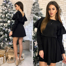 Load image into Gallery viewer, Women Sashes Ruffled a Line Party Dress Ladies Long Sleeve O Neck Elegant Dress 2019 Female autumn Solid Mini Dress