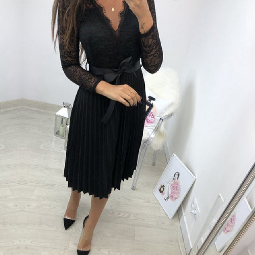 BEFORW Sexy VNeck Women Lace Dress Casual Party Pleated Chiffon Dresses 2019 Elegant Fresh Black Ribbon Hollow Chiffon Midi Dres