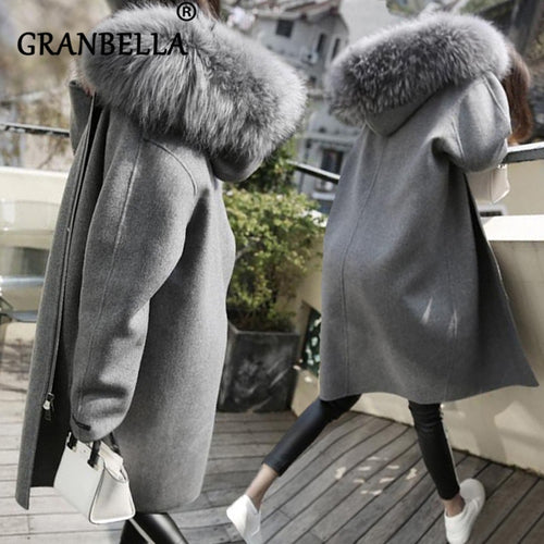 New Thick Medium and Long Women Woolen Coat Hooded Faux Fur Collar Full Sleeve Warm Winter Classic Overcoat