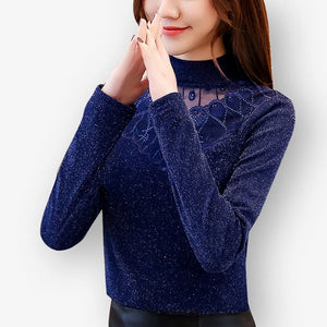 2019 New Autumn Winter Women Bottom Lace Mesh Diamonds Blouse Shirt Female Slender Warm Long Sleeves Tops Blouse Plus Size 5XL