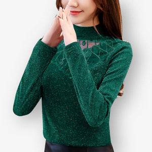 2019 New Autumn Winter Women Bottom Lace Mesh Diamonds Blouse Shirt Female Slender Warm Long Sleeves Tops Blouse Plus Size 5XL