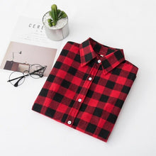 Load image into Gallery viewer, 2019 New Brand Women Blouses Long Sleeve Shirts Cotton Red and Black Flannel Plaid Shirt Casual Female Plus Size Blouse Tops